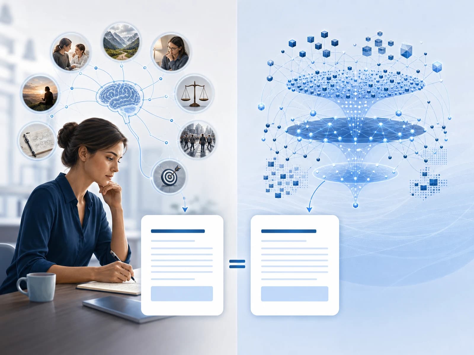 A human and an AI producing similar answers through different internal processes.