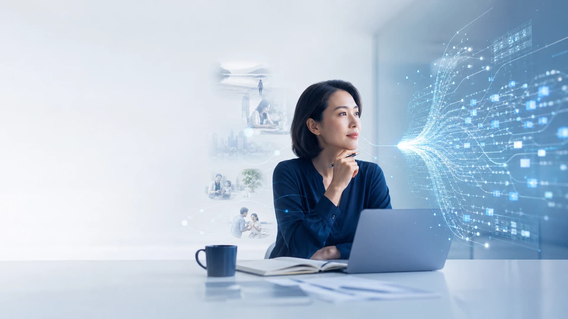 Professional comparing human thinking with an AI system that generates answers from patterns.