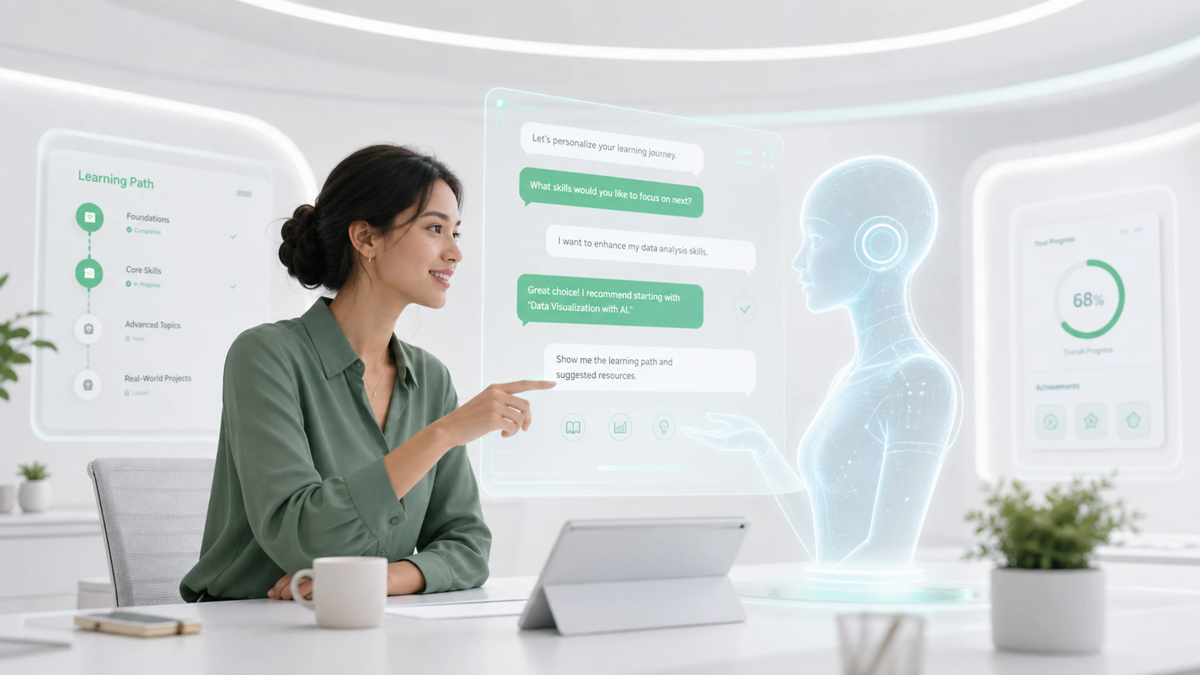 A professional collaborating with an AI assistant in a bright future learning studio.