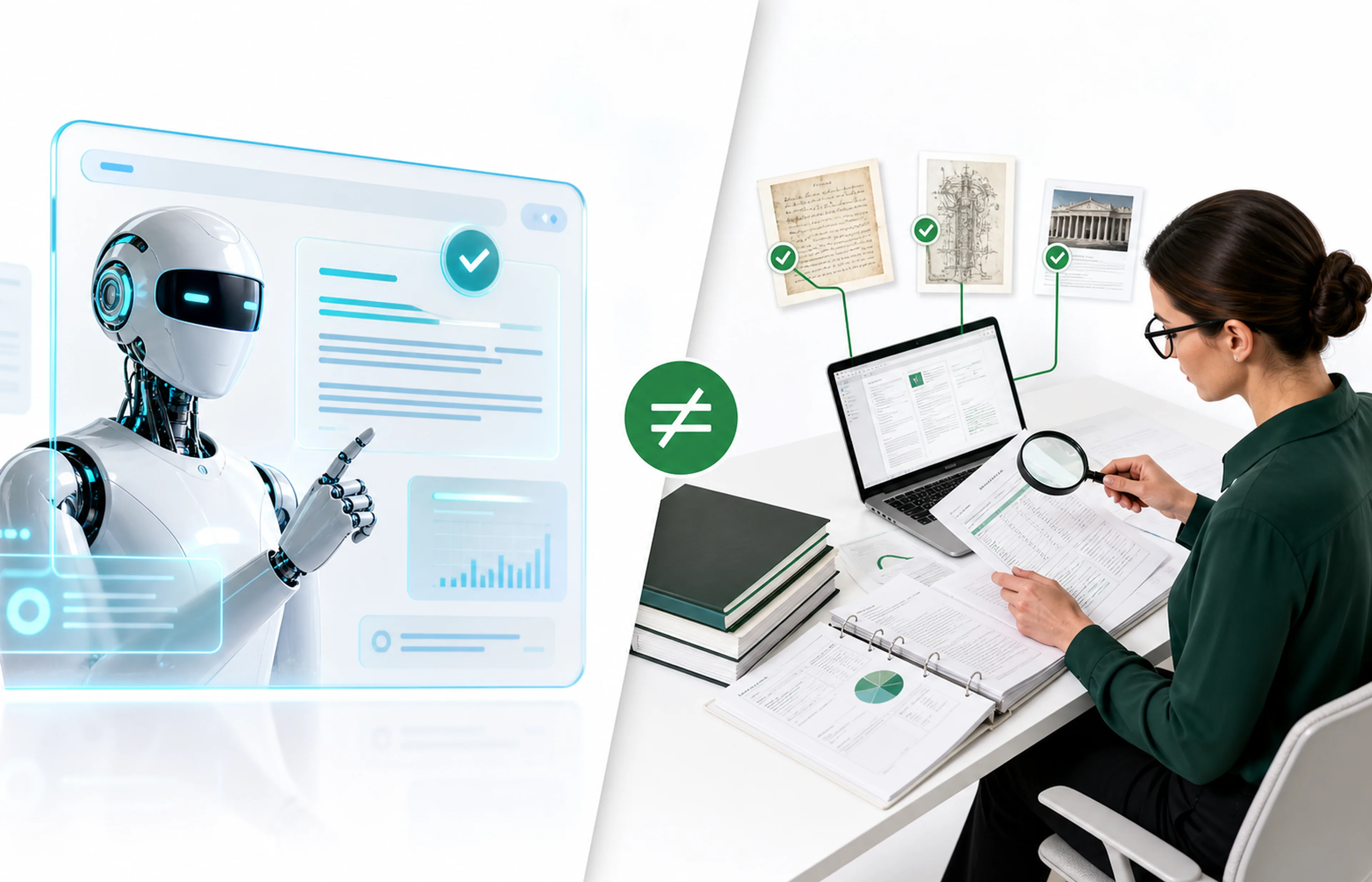 คนทำงานเปรียบเทียบคำตอบจาก AI กับหลักฐานที่ตรวจสอบแล้ว