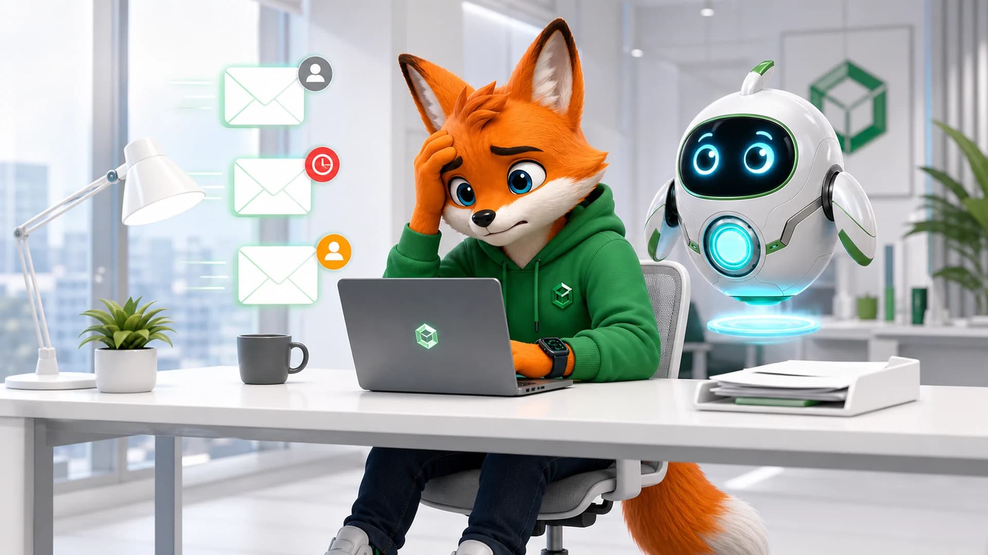 Pax reviews a busy Monday inbox while Spark supports him in a bright professional office.